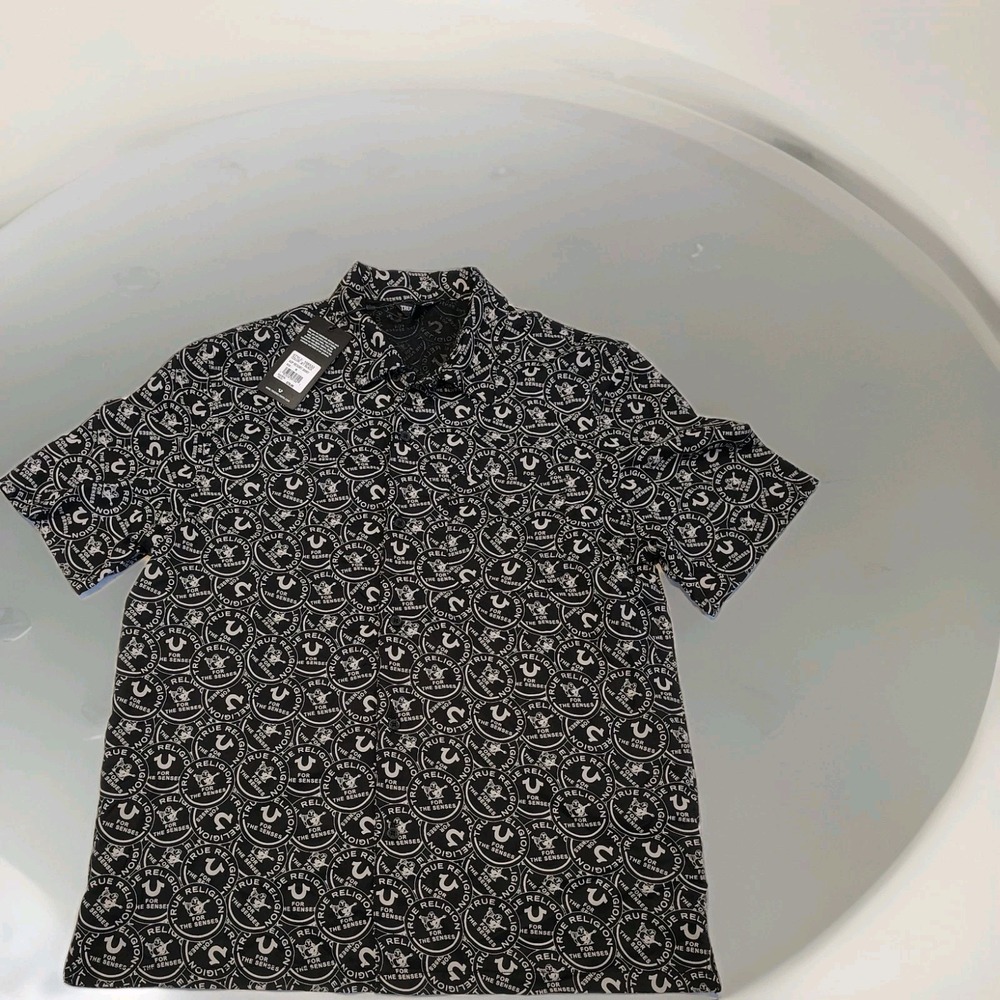 True Religion AOP Resort Shirt Size M Jet Black All Over‎ Logo NWT Mens A1